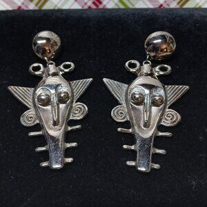 Large Tribal Gunmetal Black/Dark Silver Tone Metal Earrings Vintage Jewelry #93